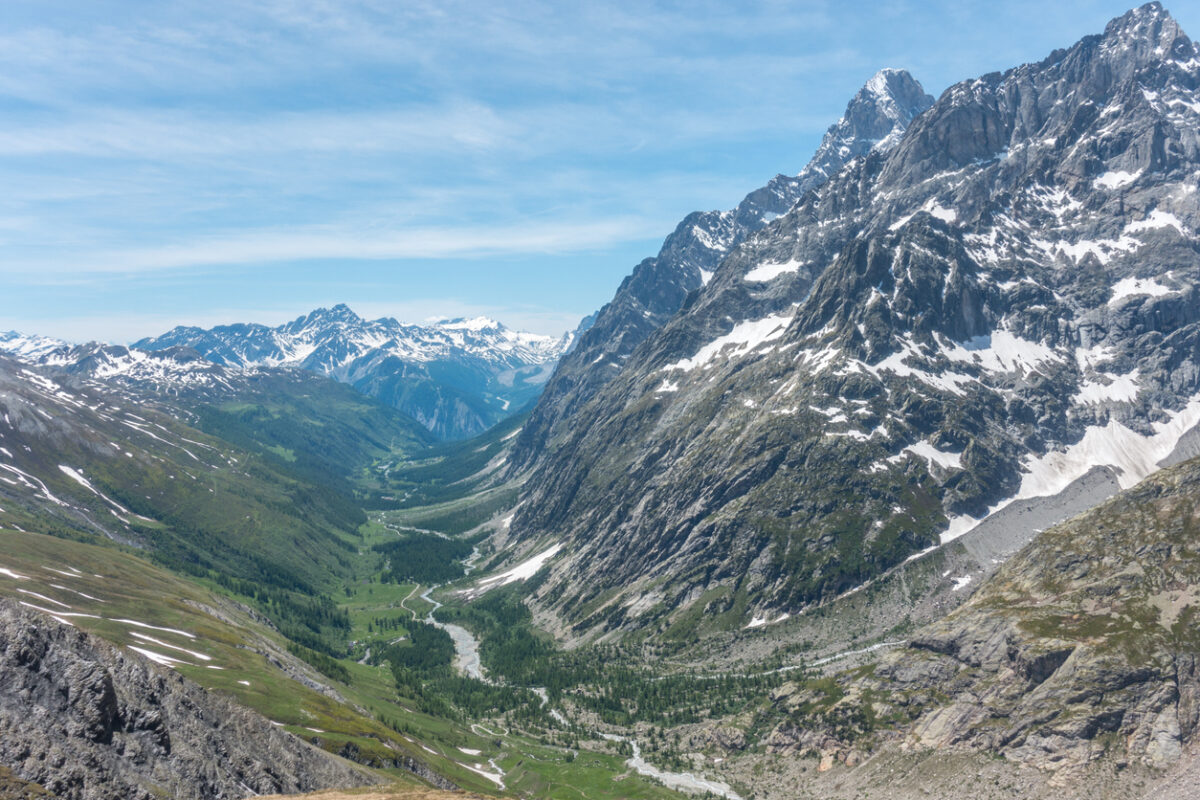 Aerial views on the Alpine Valley Val Ferret from high mountain ridge close to Grand Col Ferret
