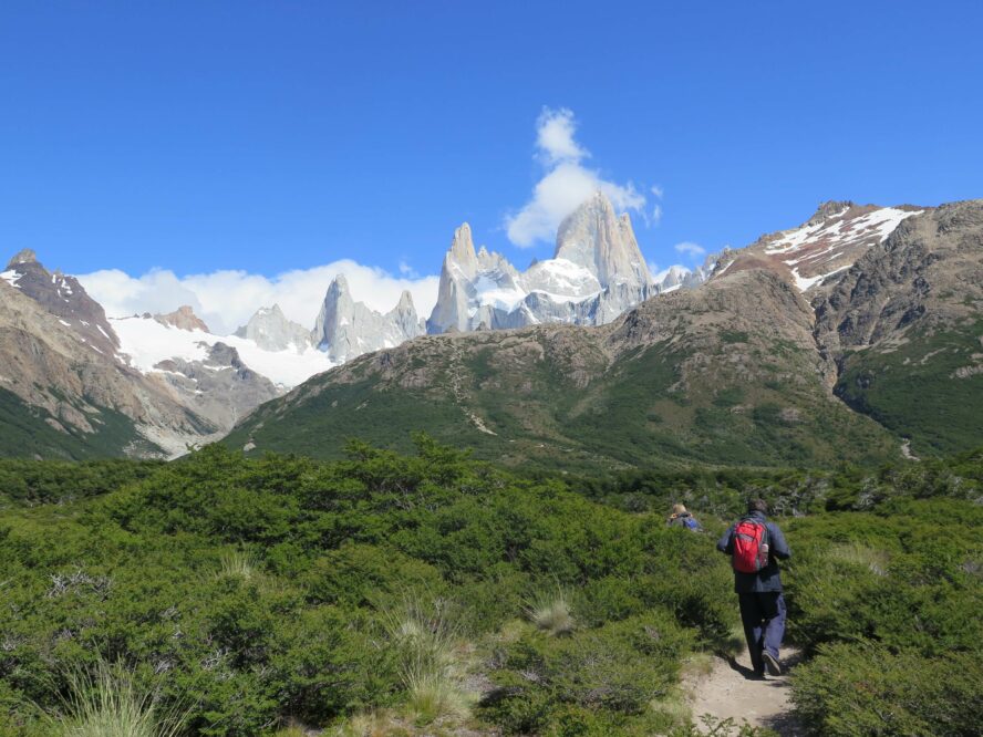 A hiker on the trailhead of a classic hike near El Chaltén in Patagonia.