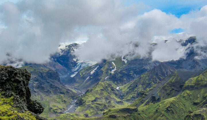 Stunning view on Eyjafjallajokull glacier and volcano, hiking in Thorsmork, southern Iceland