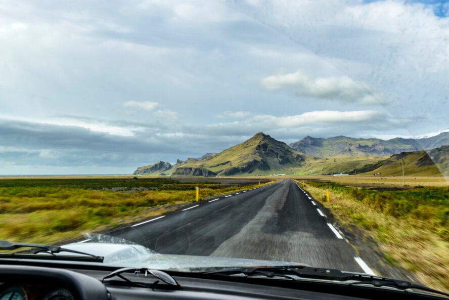 View from the windscreen of a car driving on Iceland's Ring Road