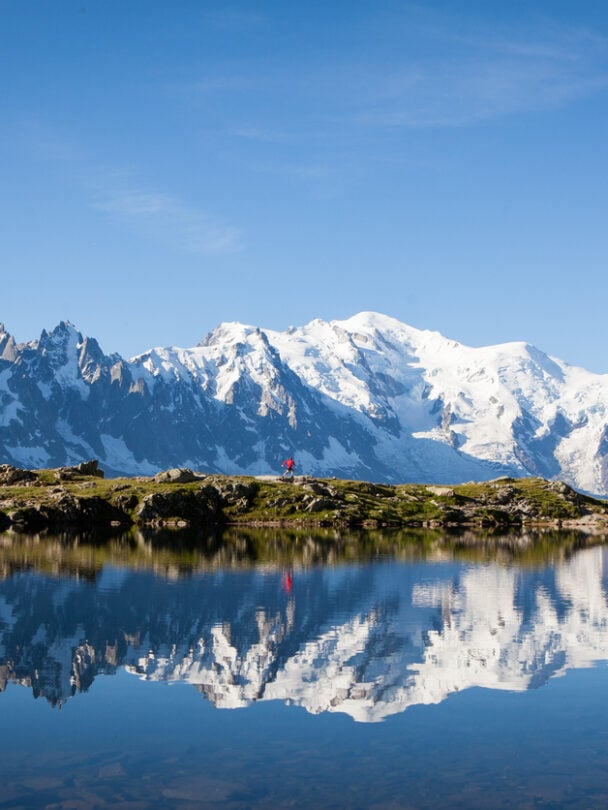 A man hiking on the famous Tour du Mont Blanc near Chamonix, France.
