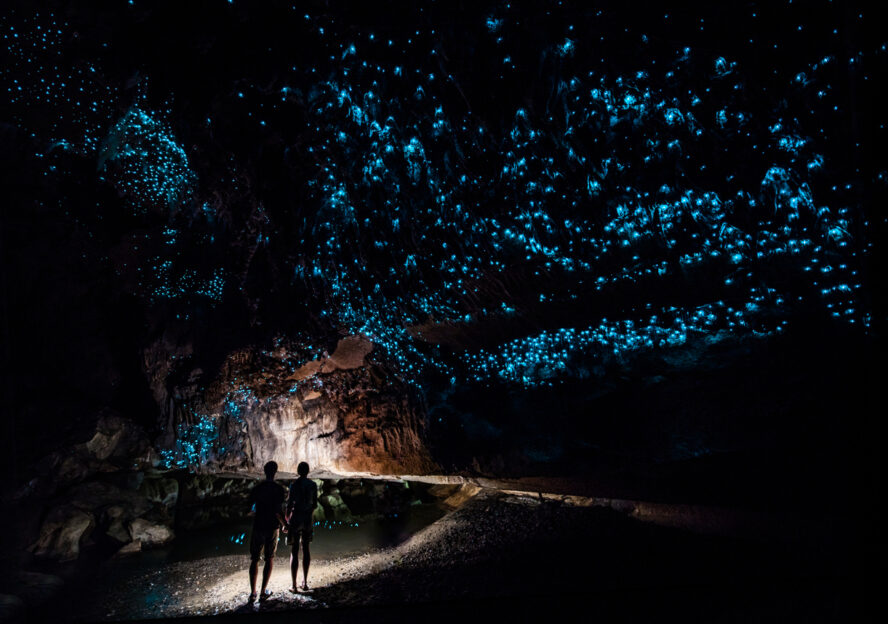 Hikers inside a glowworm cave in New Zealand