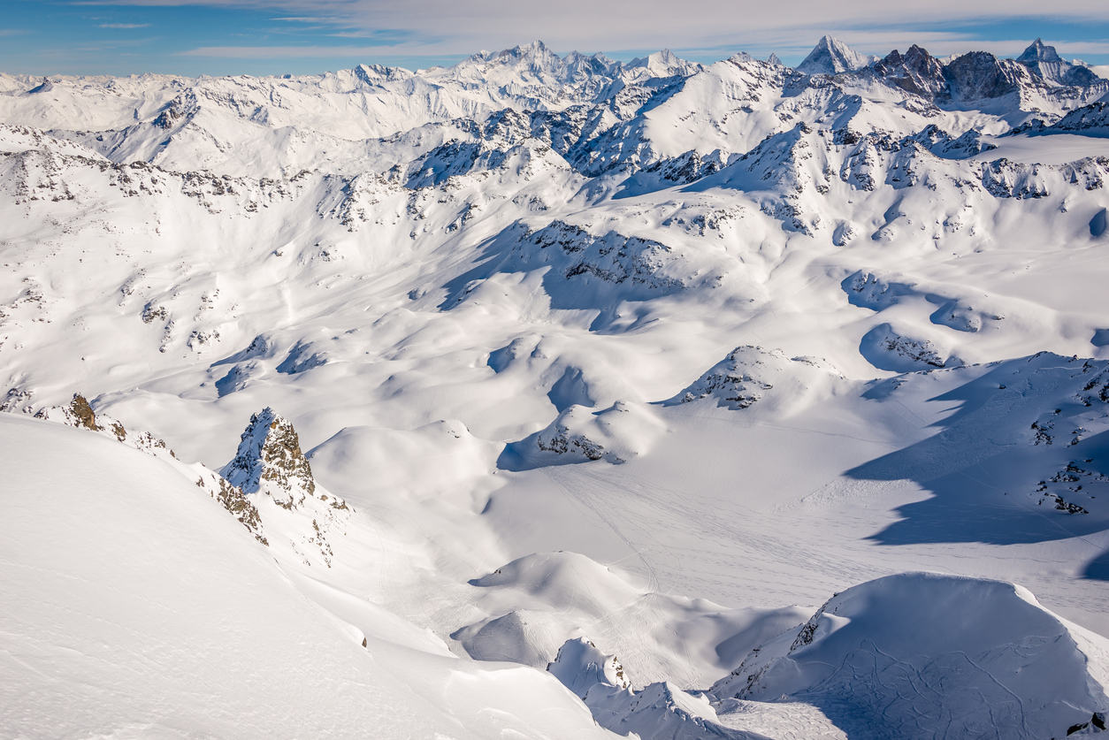 The off piste itinerary on the backside of Mont Fort in the Swiss ski resort of Verbier, the matterhorn and Zermatt in the distance.