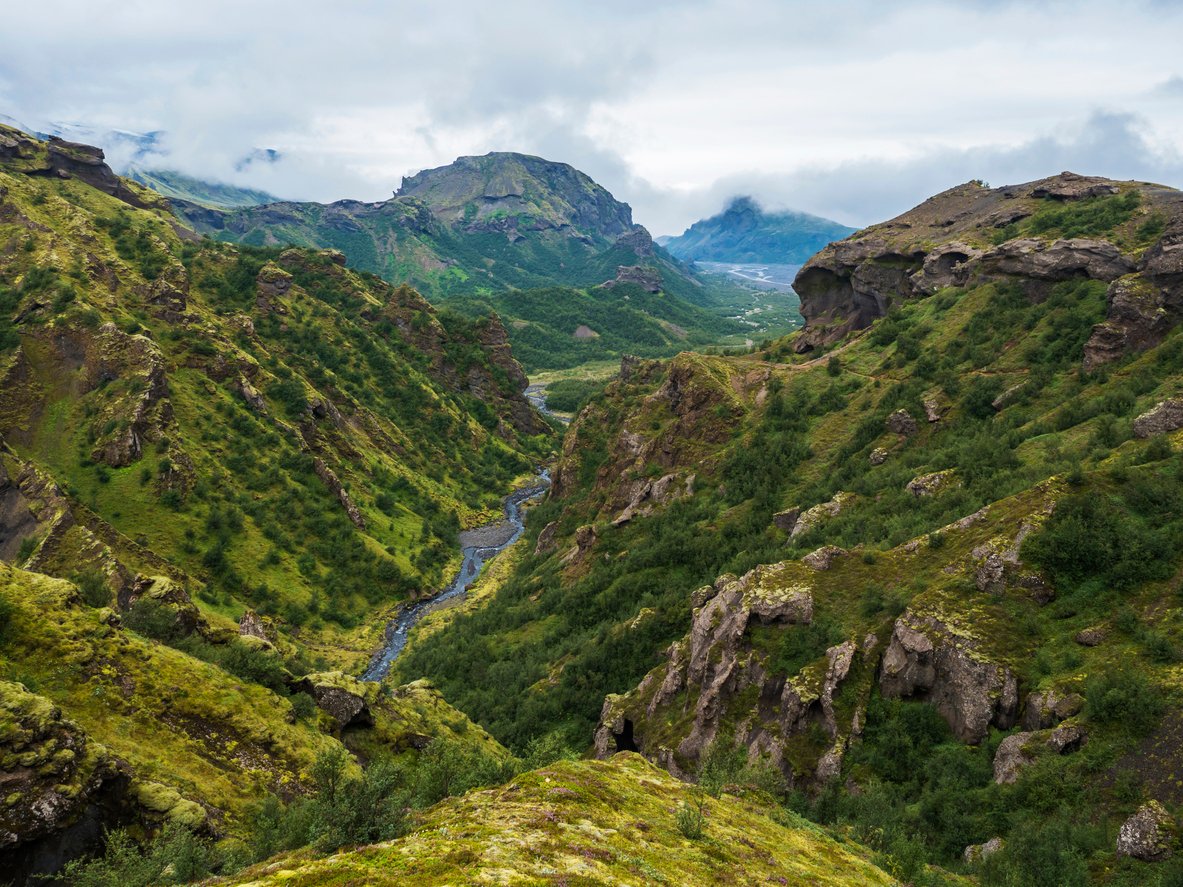A moss-covered canyon in Thorsmork at the bottom of which there is a river.