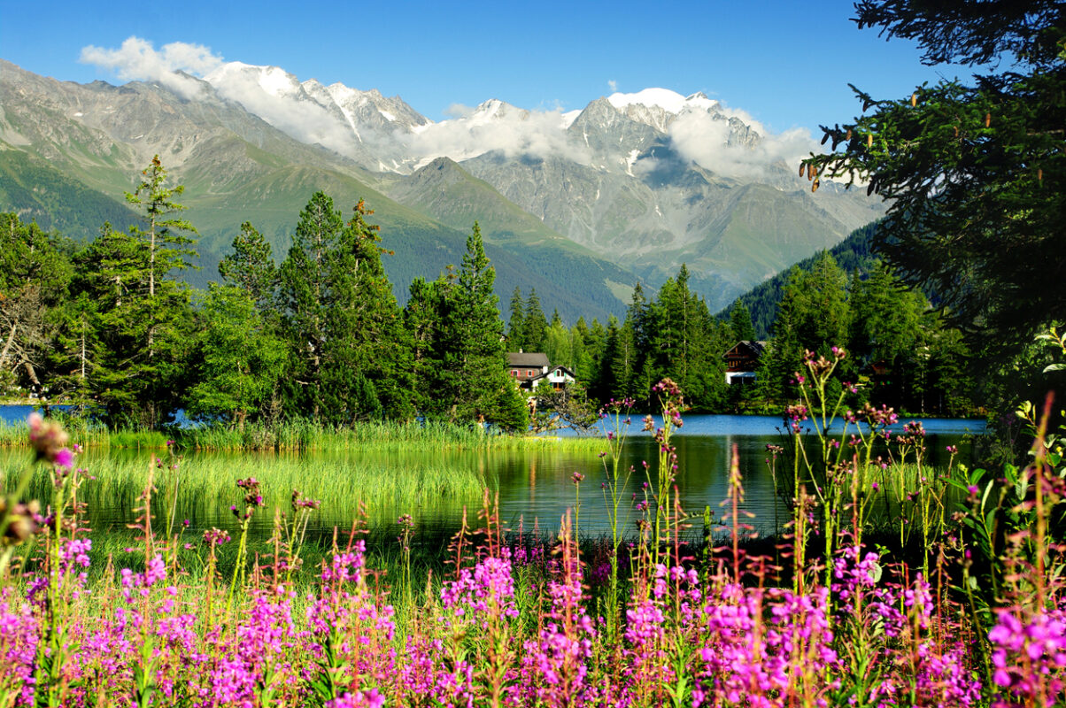 The small village of Champex and its lake, near Mont Blanc, Switzerland.