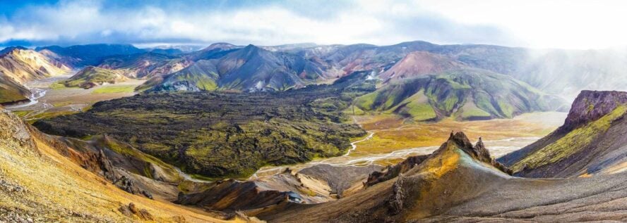 Panorama of the Laugahraun lava field with Mount Brennisteinsalda in the background.