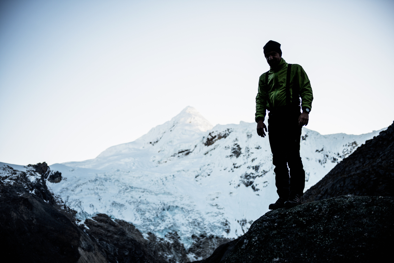 A mountaineer in the mountains near Mt Whitney during winter.