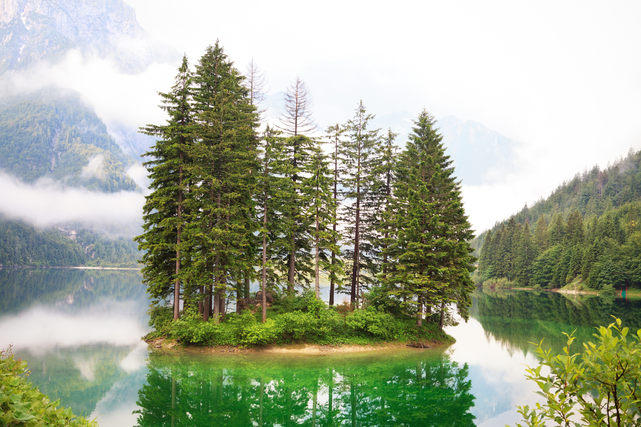 Lake Predil with an island in its middle.