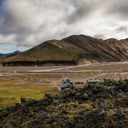 View of the Landmannalaugar hut and campground from the mountains above.