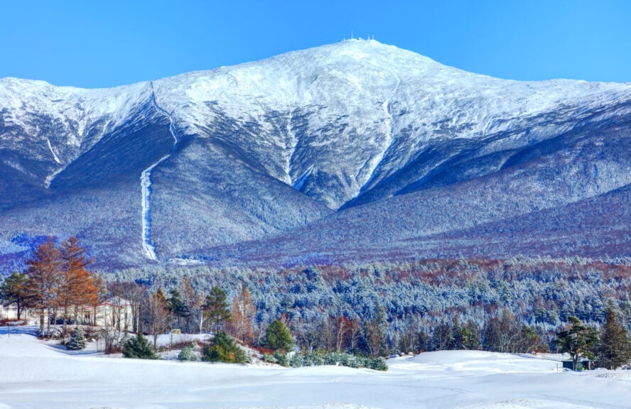 View of the snow-capped peak of Mount Washington in New Hampshire