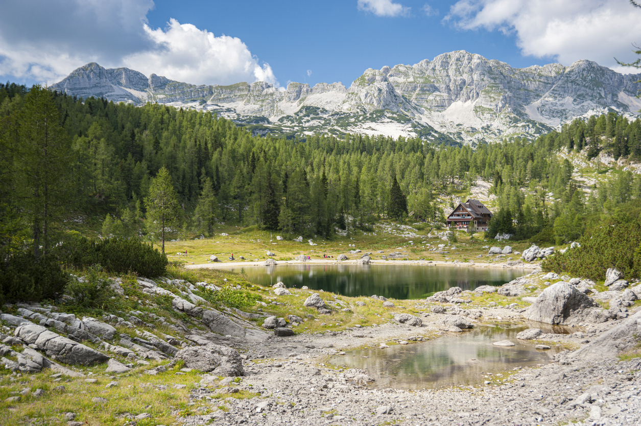 Mountain hut Triglav by a lake.