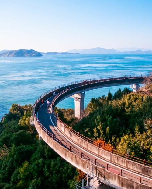 Cycling along the celebrated Shimanami Kaido between Honshu and Shikoku.