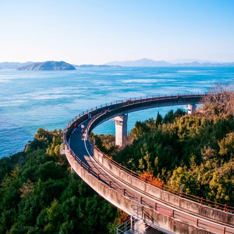 Cycling along the celebrated Shimanami Kaido between Honshu and Shikoku.