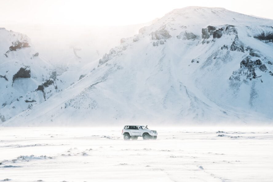 A Super Jeep on an icy plain in Iceland.