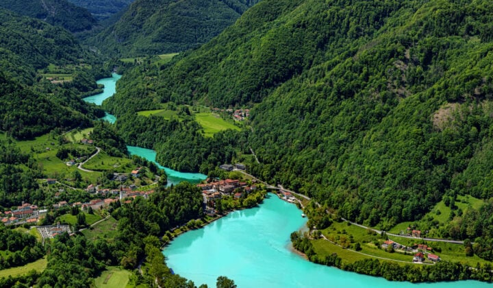 The valley and artificial lake of river Soca at Most na Soci, Primorska, Slovenia.