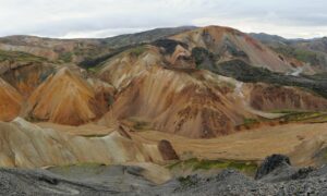 Panorama of all the folds, hills, and slopes around Bláhnúkur Mountain.