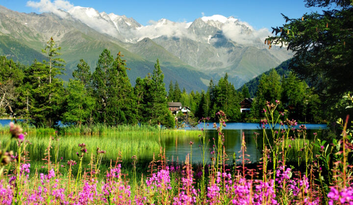 the small village of Champex and its lake, near the Mont blanc, Switzerland