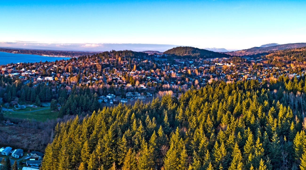 Aerial view of the city of Bellingham, tucked between the forest and the ocean.