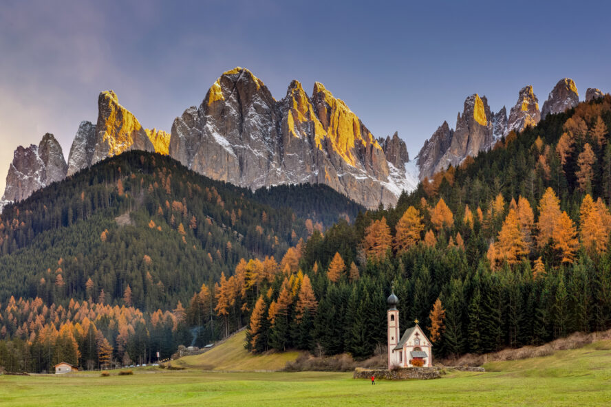 The tiny church of San Giovanni under the Dolomite mountains