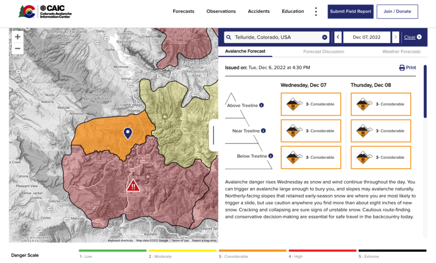 A vital resource to check before heading out is an avalanche forecast for the area.