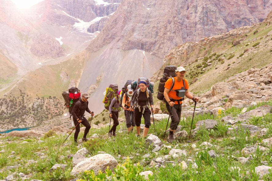 group of hikers backpacking through the Dolomites