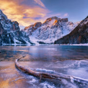 The frozen surface of Lago di Braies in winter