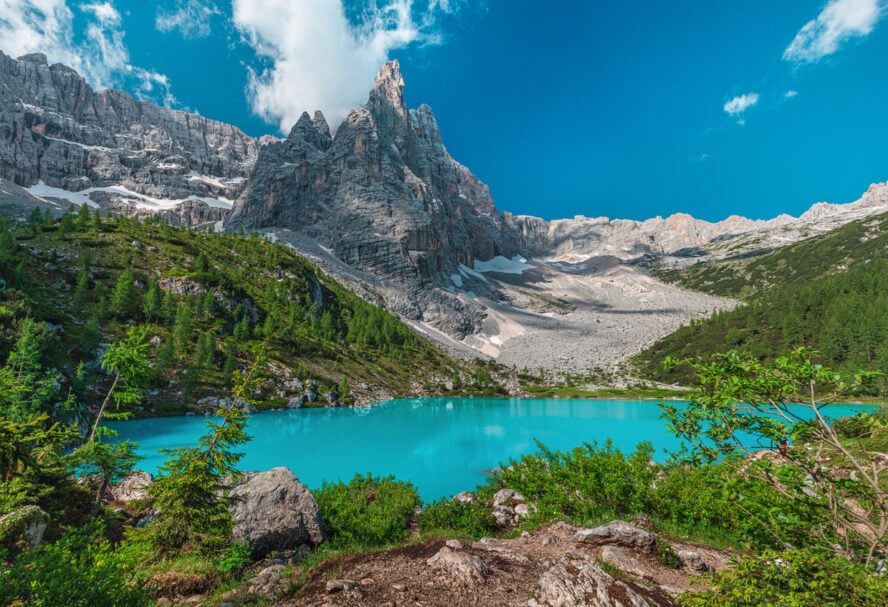 Panorama of Lago di Sorapis in the Italian Dolomites