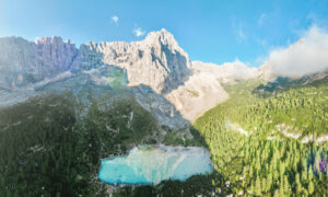 Aerial view of Lago di Sorapis in the Dolomites