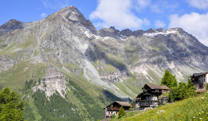 Alpine hamlet of Resy, scenicly located near lofty peaks, one of the stops during the Tour de Monte Rosa Trek.