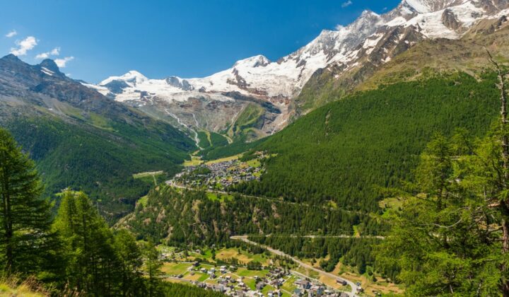 Panoramic views of Saas Grund, surrounded by the Swiss Alps.