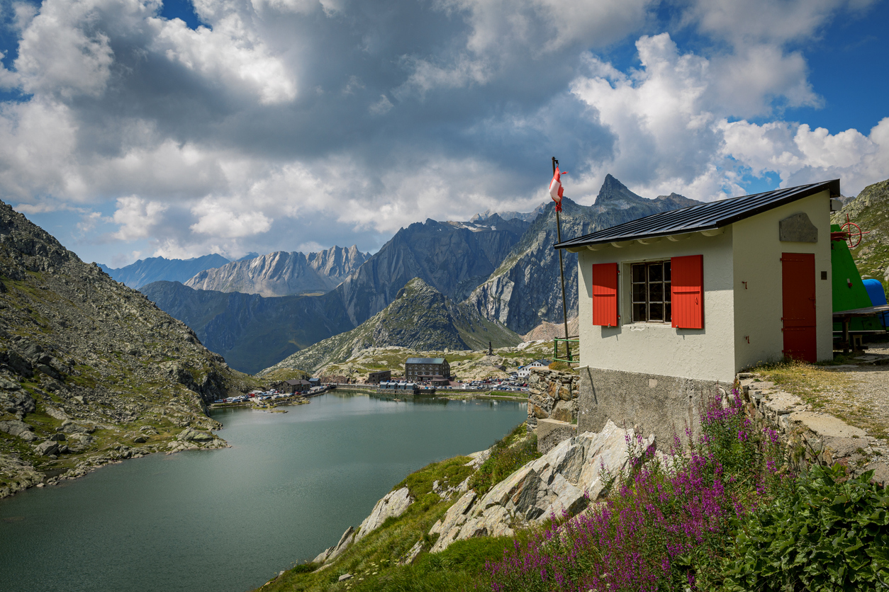 A view of the Saint Bernard Pass and hospice in the Swiss Alps