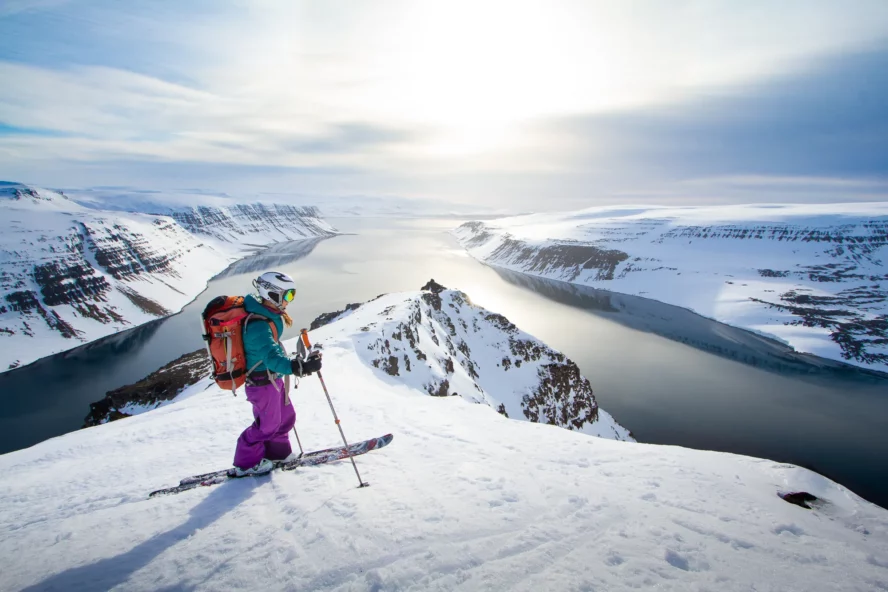 Backcountry skier overlooking a prominent rocky fjord splitting a river. 