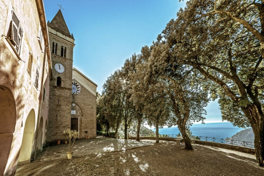  The Soviore sanctuary near Monterosso, shaded by ancient oak trees.