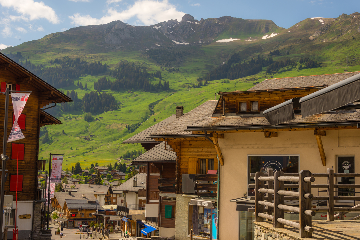 Main street of the town of Verbier, a charming Alpine town in Switzerland.