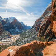 View of Zion Canyon from a switchback on Walter’s Wiggles