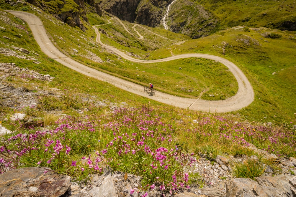 An MTB rider enjoying a winding, meandering, MTB trail through a steep, flower-strewn alpine meadow in the Swiss Alps.