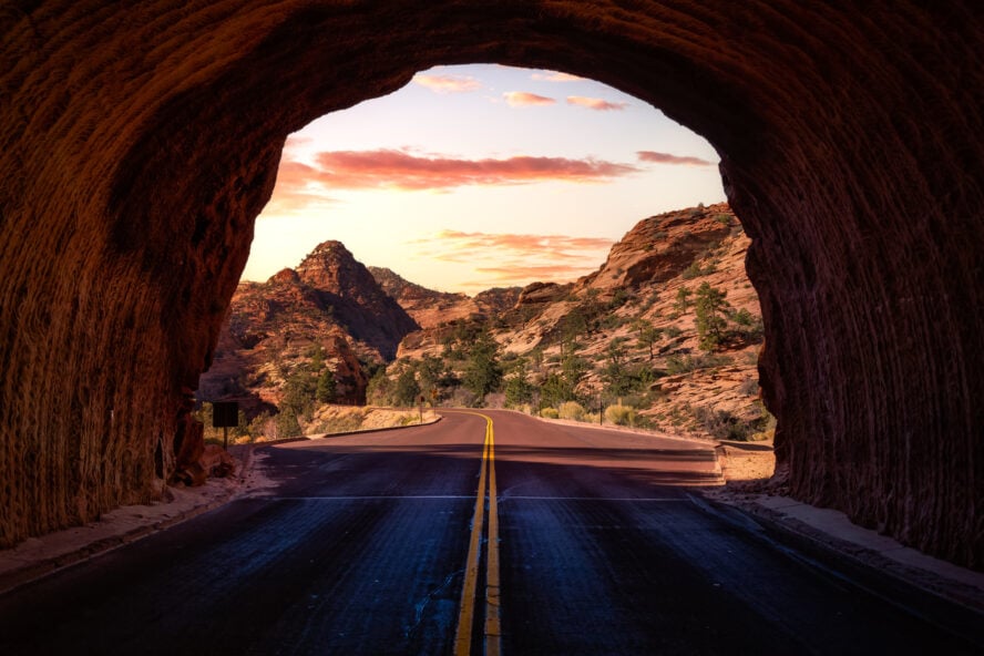 View of the mountains from inside a tunnel in Zion National Park