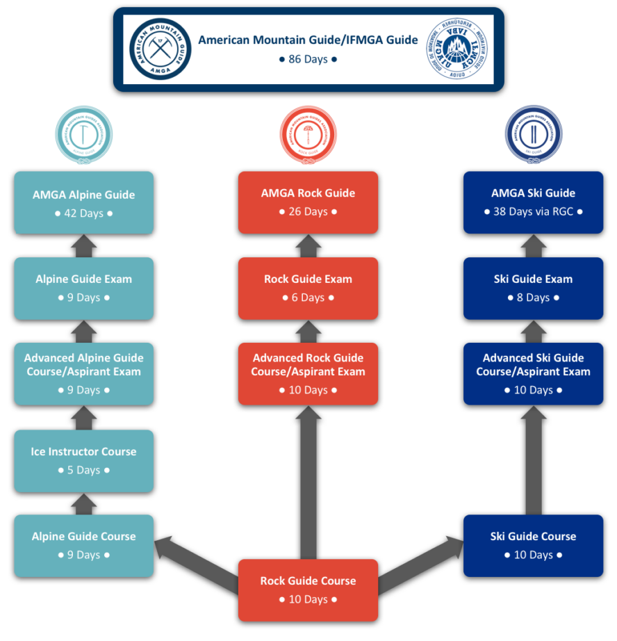 Chart showing the breakdown of the courses and exams required to achieve certification among the three AMGA disciplines.