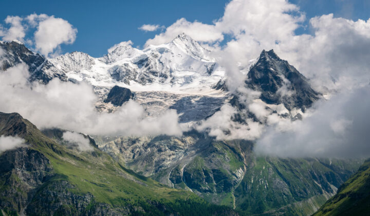 Views of glaciated peaks from a high-altitude mountain pass Col de Sorebois in Switzerland.