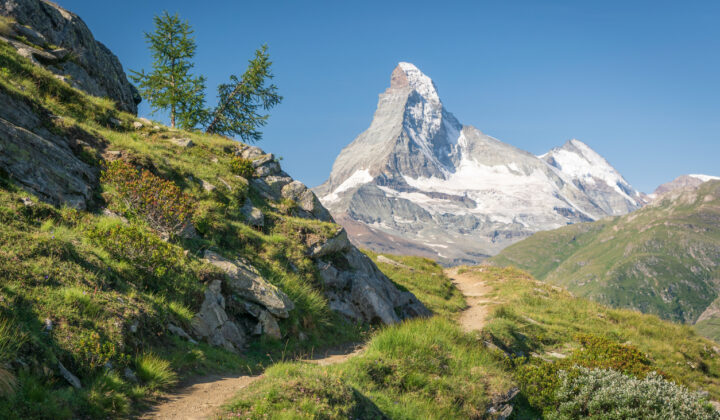 Europaweg hiking route along the Haute Route, views of Matterhorn.