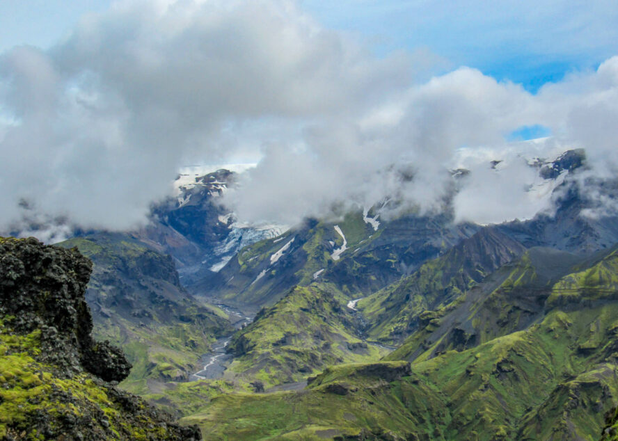 Mist-covered mountains in Thórsmörk and lush valleys below.