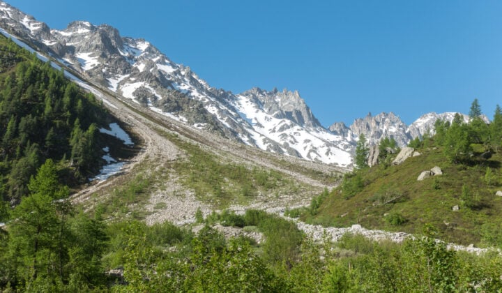 Alpine pass of Fenetre d’Arpette featuring glaciated mountains.