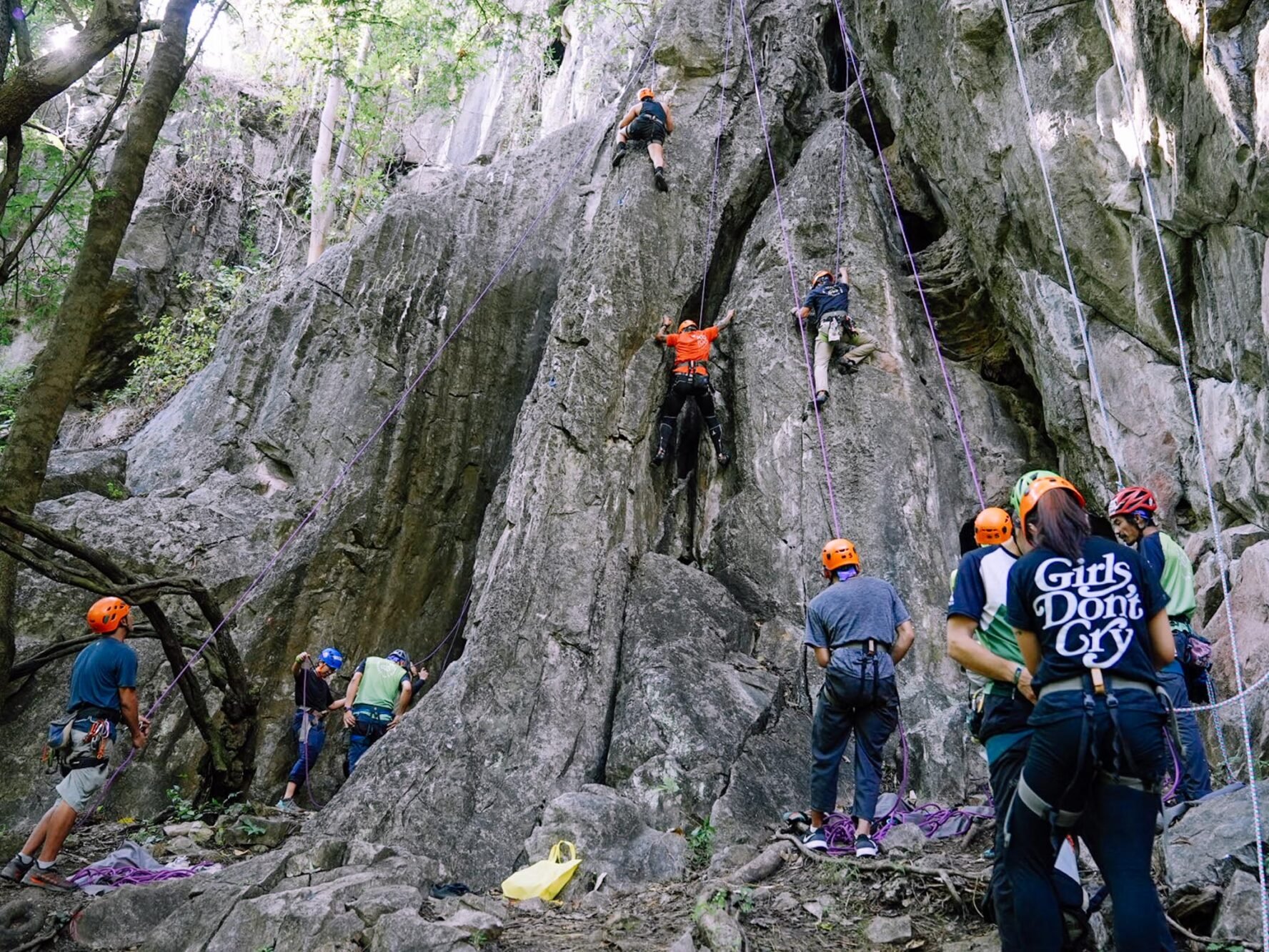 Group of rock climbers on the crag