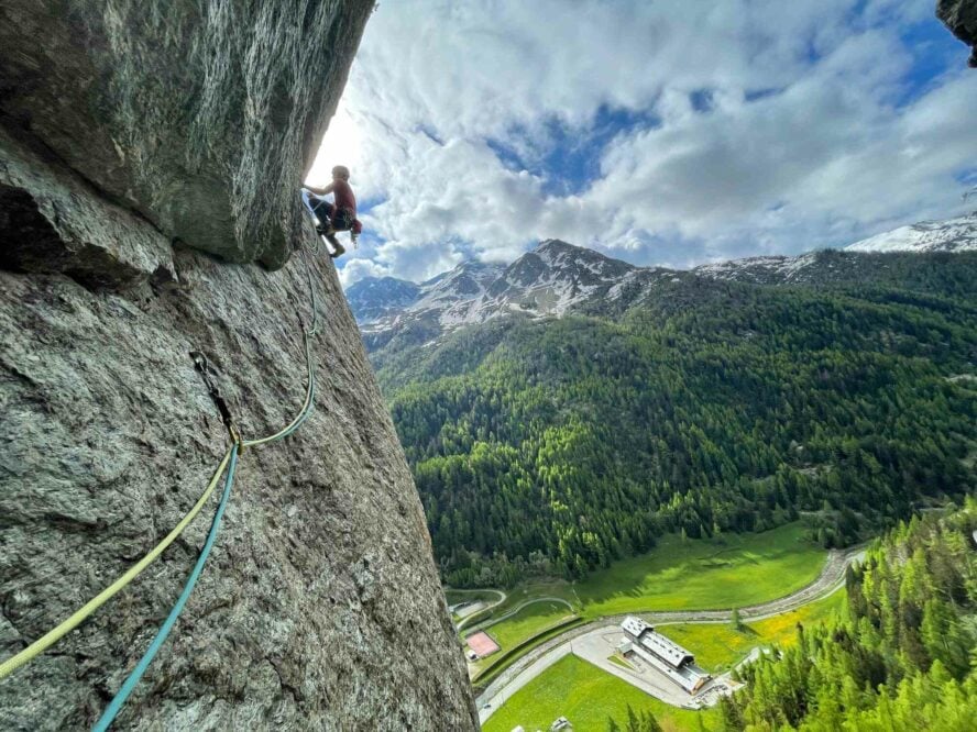 Climber traversing a route in the Aosta Valley.