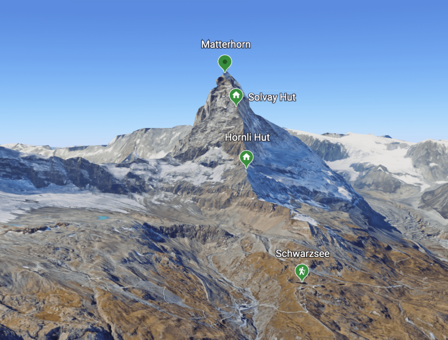 A 3D view of Matterhorn showing the Hörnli Ridge.