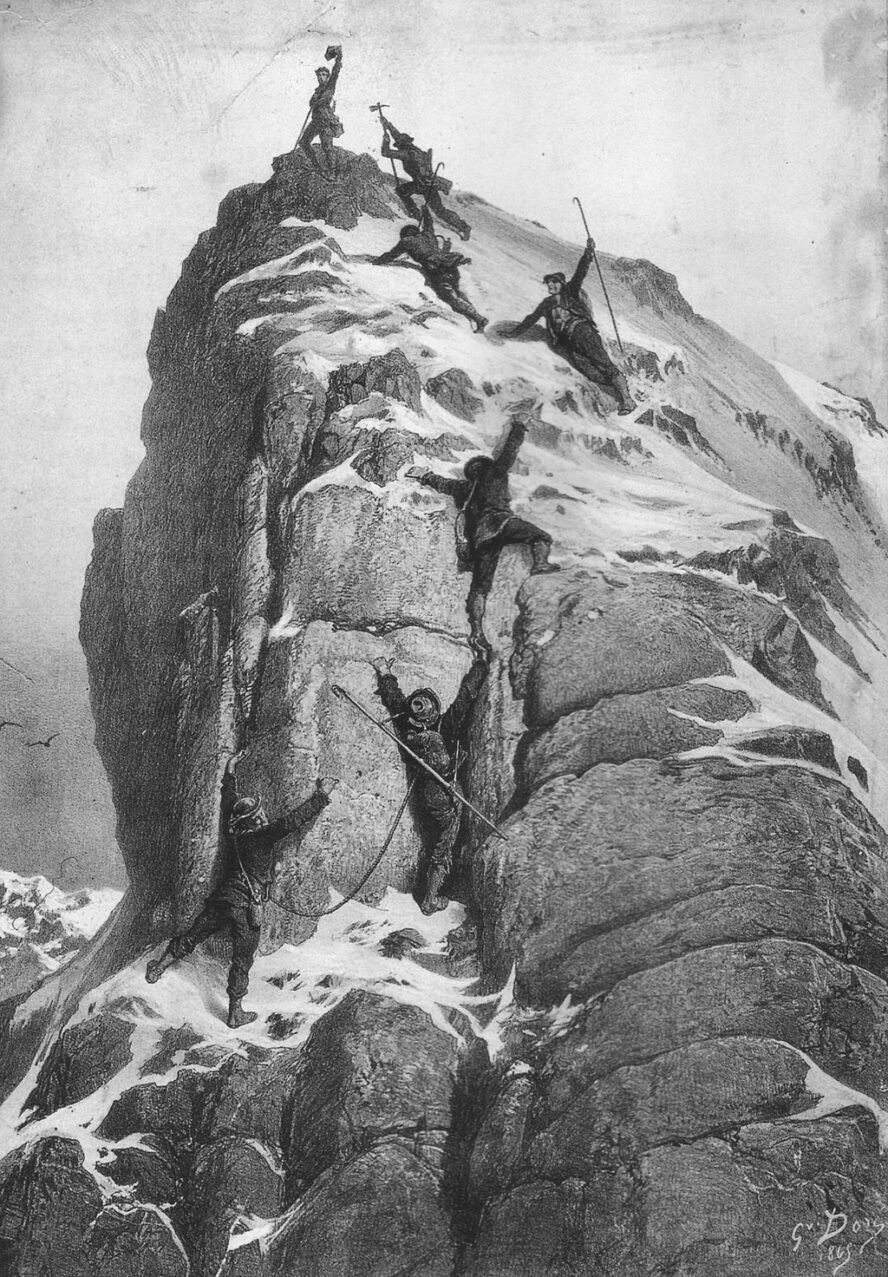 A historical illustration showing the first successful attempt of Matterhorn.