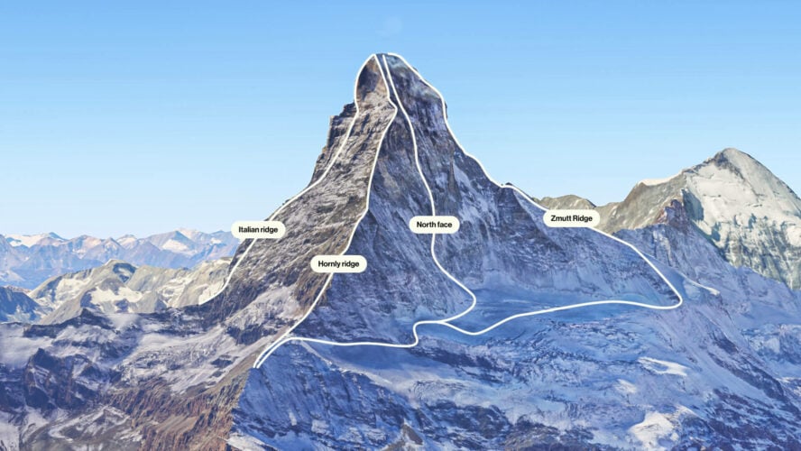 A topographical map showing the most popular routes up Matterhorn