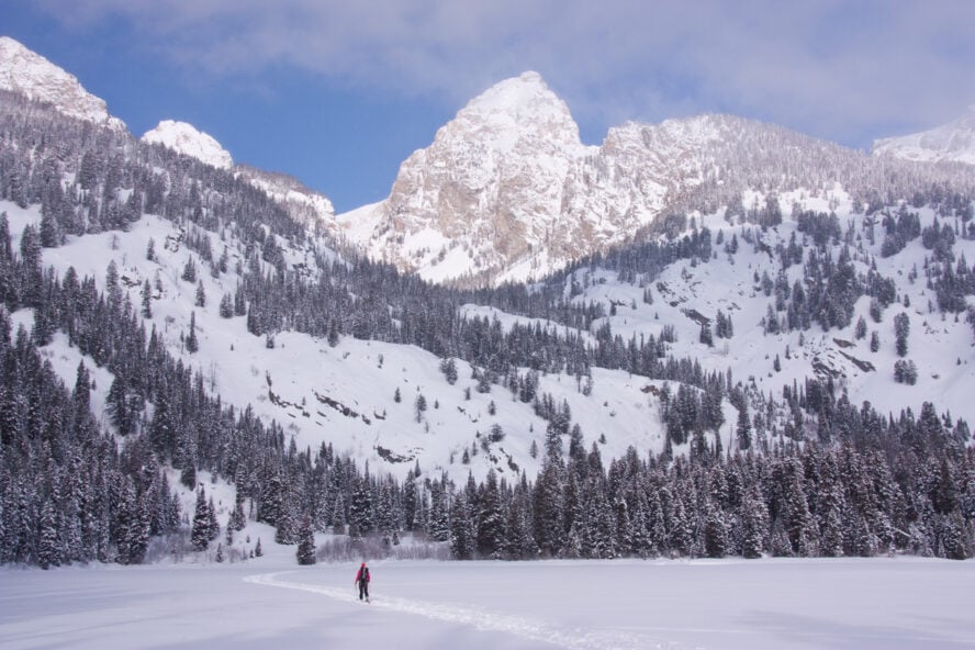 Backcountry skier on their way to Middle Teton in Grand Teton National Park.