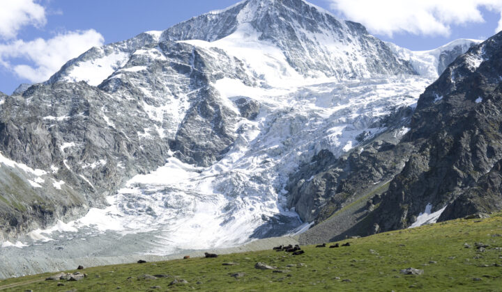 Glaciated mountain Pigne d’Arolla in the Swiss Alps, seen along the Haute Route hiking trip.