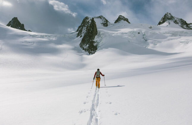 Rob Coppolillo skinning towards the Italian side of Mont Blanc, in the Vallée Blanche. Photo courtesy of Matt Kennedy